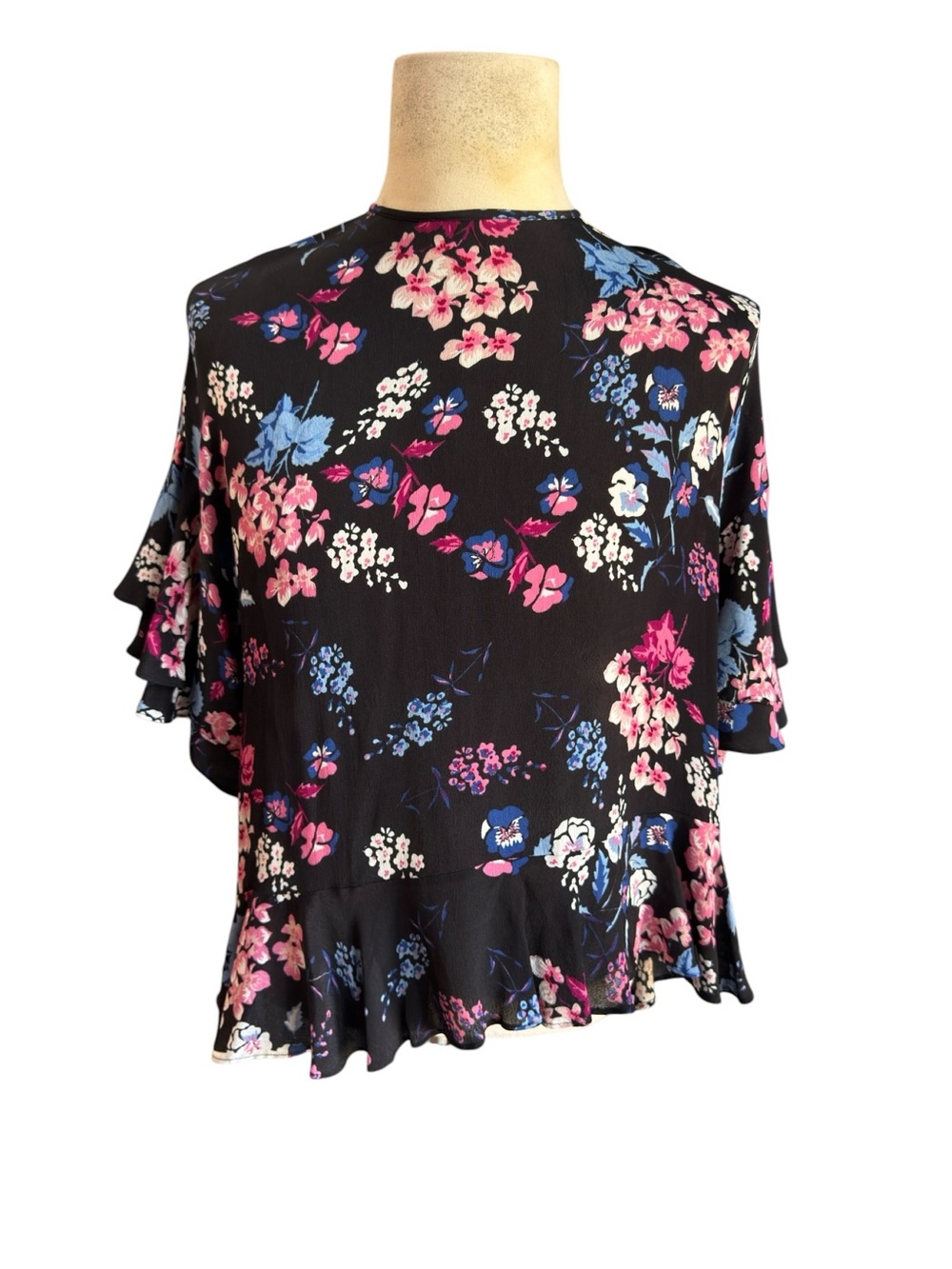 By TiMo Women's Black Floral Ruffle Sleeve Blouse - Pink & Blue Flowers